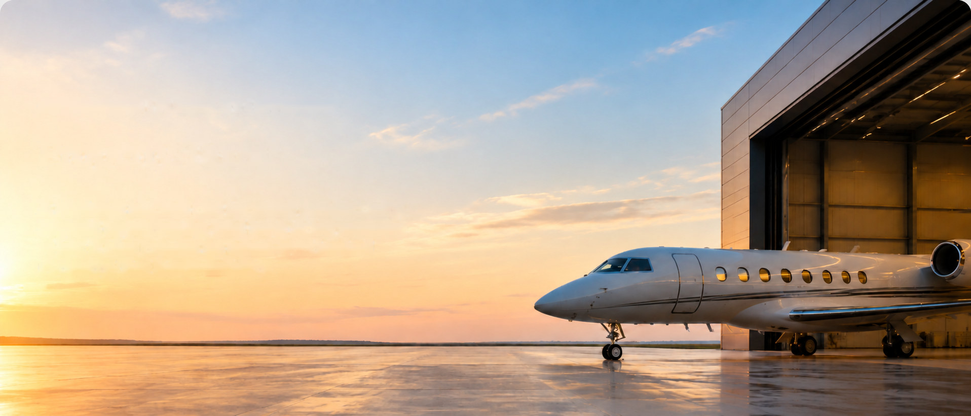 Business jet parked outside an open hangar at sunset