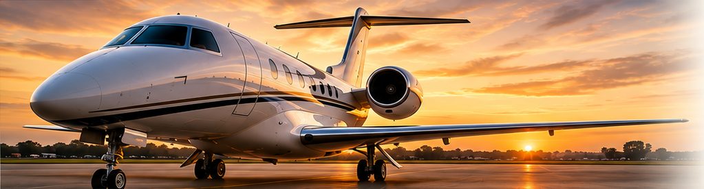 Business jet on the tarmac at sunset