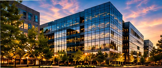 Modern glass office building at sunset