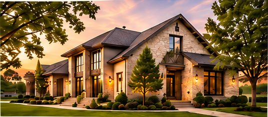 Stone family home with landscaped lawn at sunset